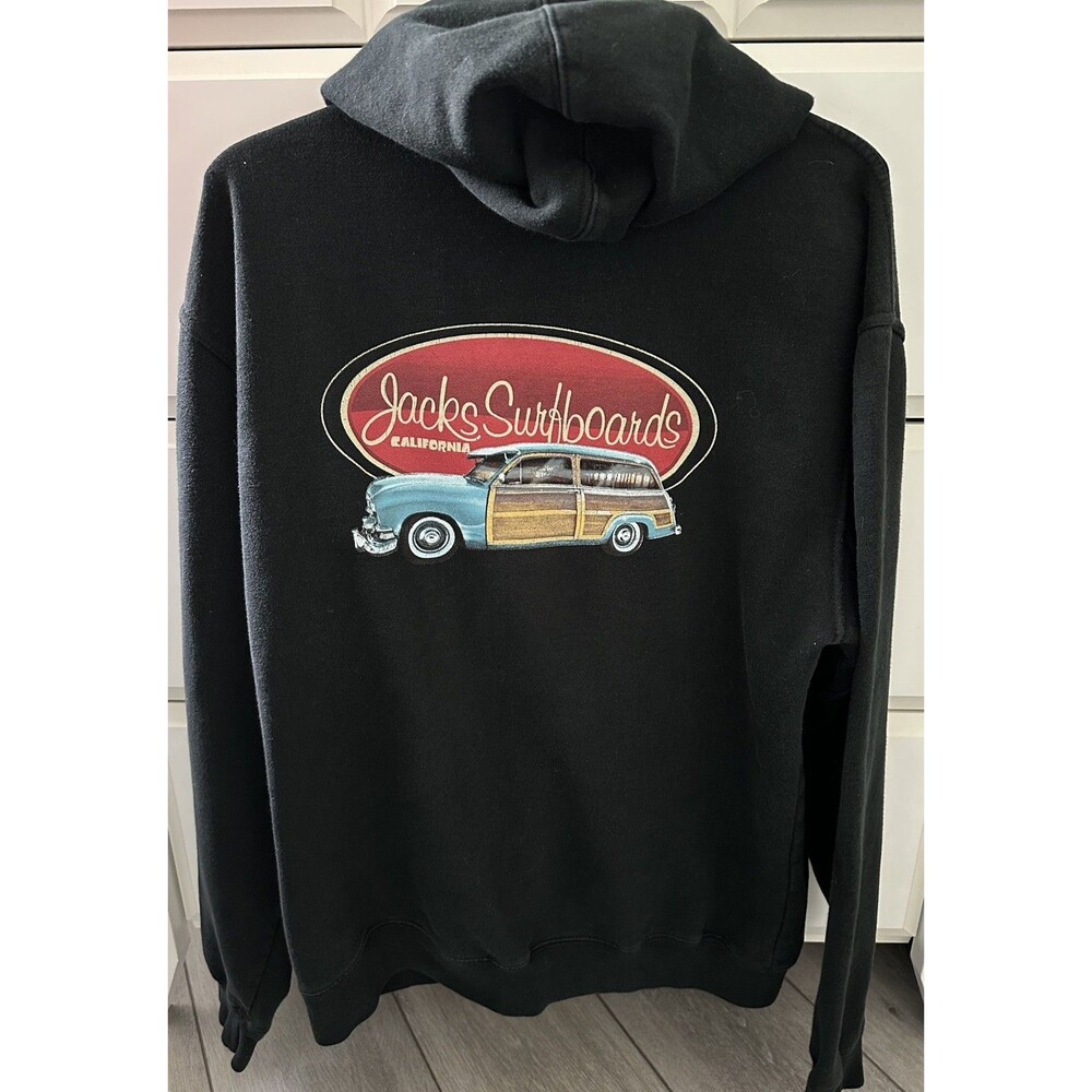Jack's Surfboards Hoodie Mens M Black Country Squire Woody Surf Wagon Pullover